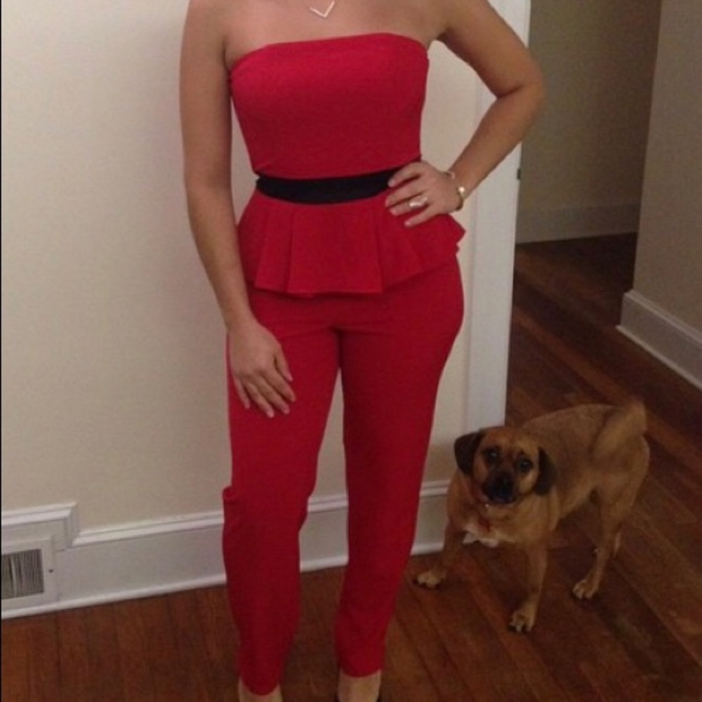 Red & black strapless peplum jumpsuit
